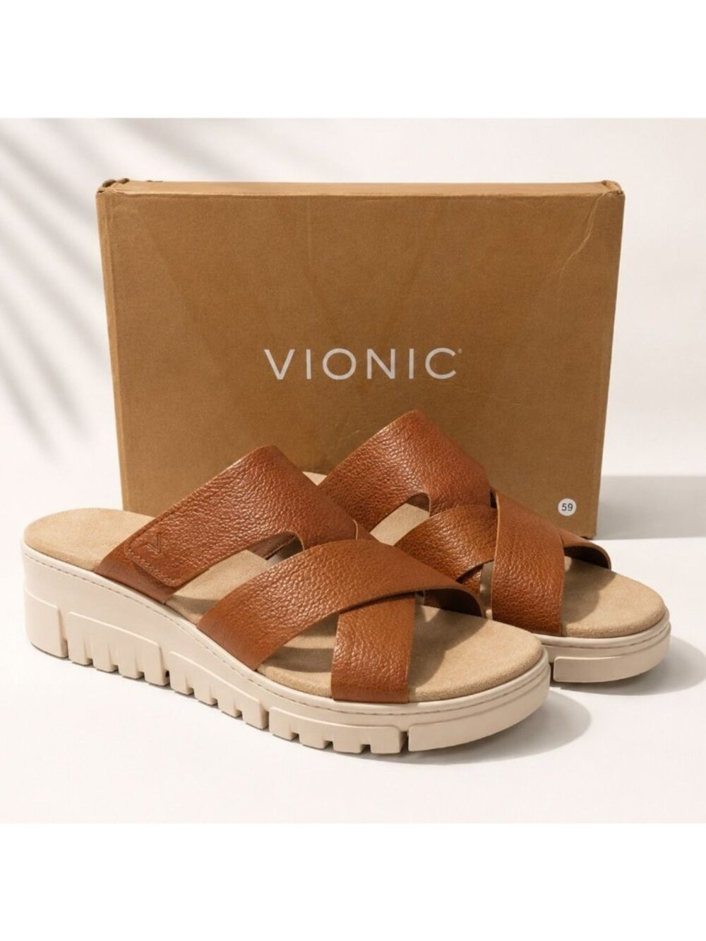 Vionic Uptown Sunset Supportive Wedge Slide Sandal Tan Brown Leather Women 13 M
